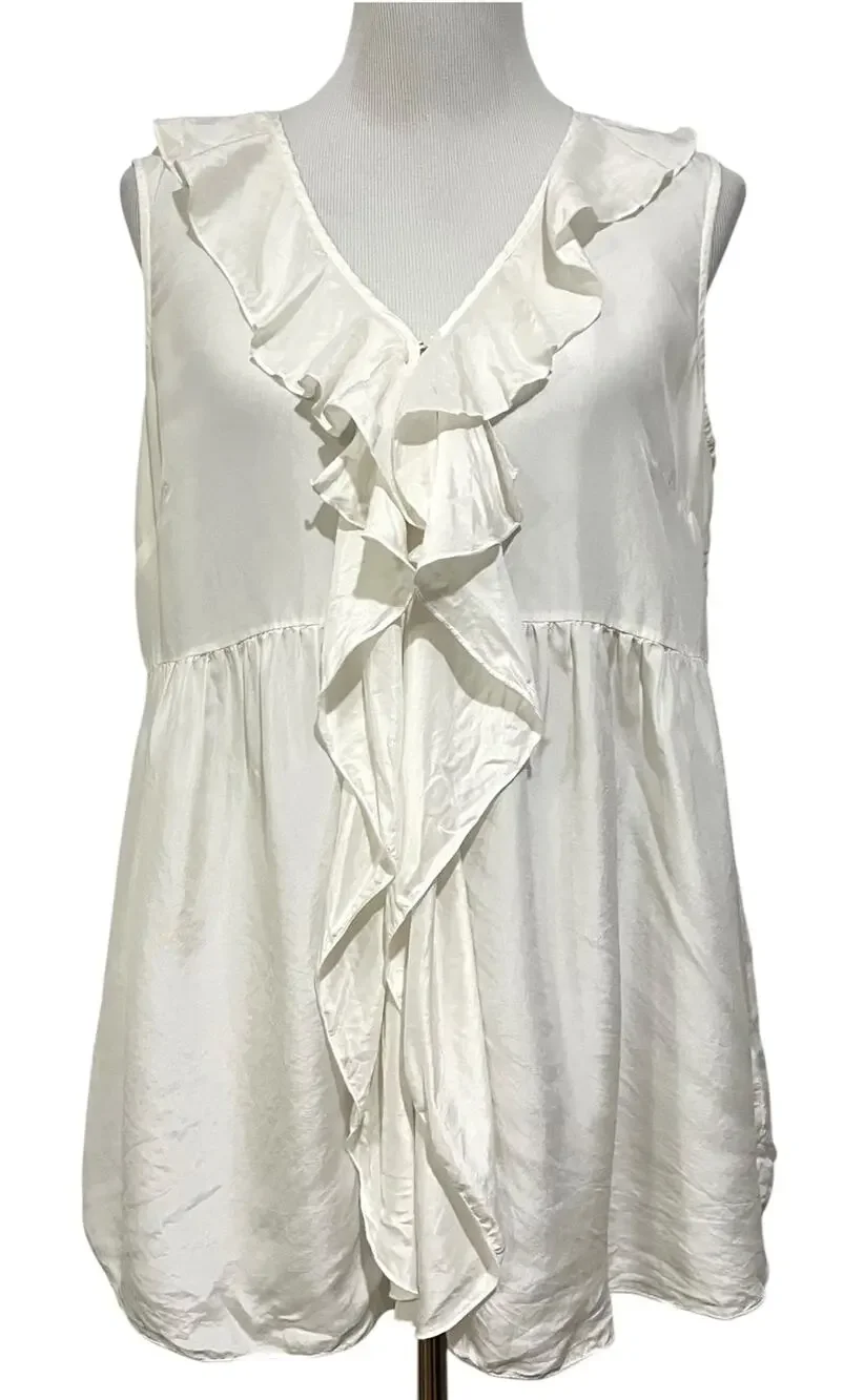 Cabi Ivory Ruffled Front 100% Silk Sleeveless Tunic Blouse Womens Size Large